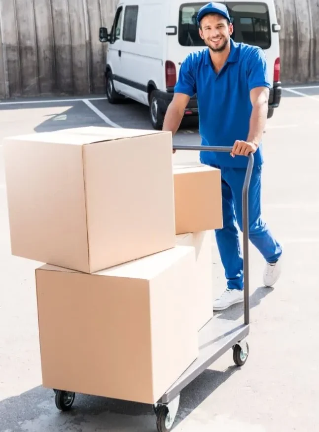 Best Packers and movers in Bhopal pushing boxes using trolley