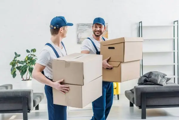 two Male Packers and Movers in Bhopal lifting boxes and looking at each other